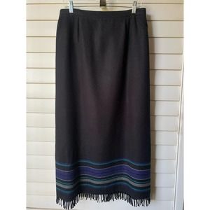 Black Fringe Midi Skirt with Indigo, Teal, and Grey Southwestern Stripe Size 14